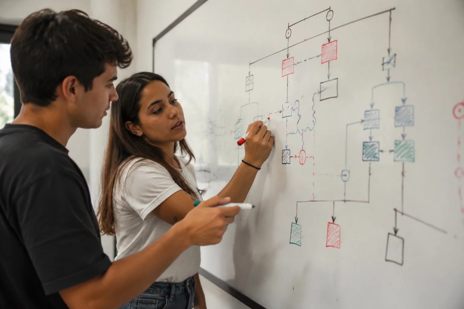 Duas pessoas diante de um quadro branco com um mapa de argumento desenhado à mão