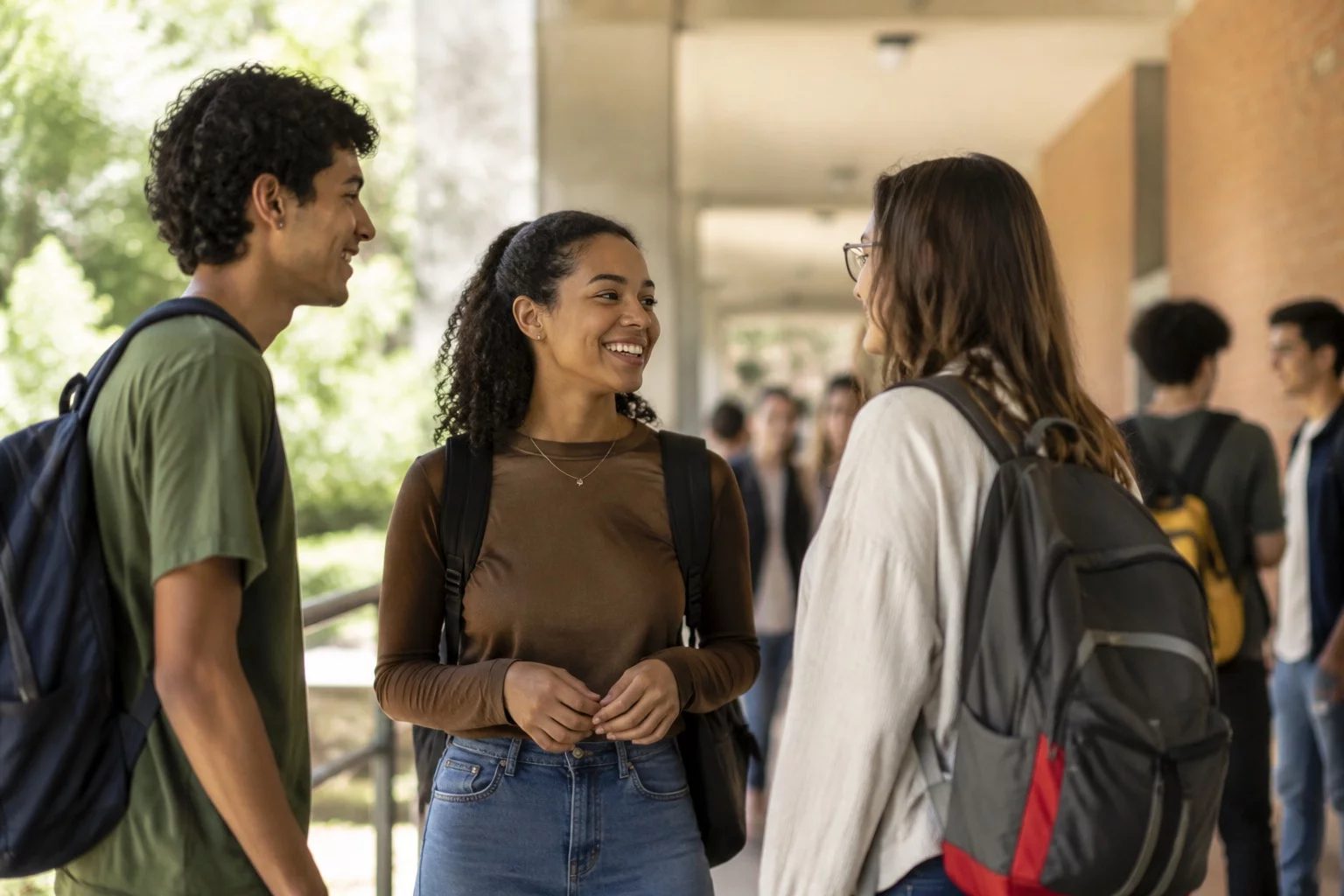 Estudantes com mochilas conversando no corredor de uma universidade