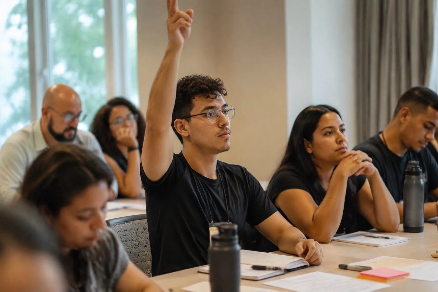 Estudante levantando a mão em uma mesa de seminário coberta de anotações