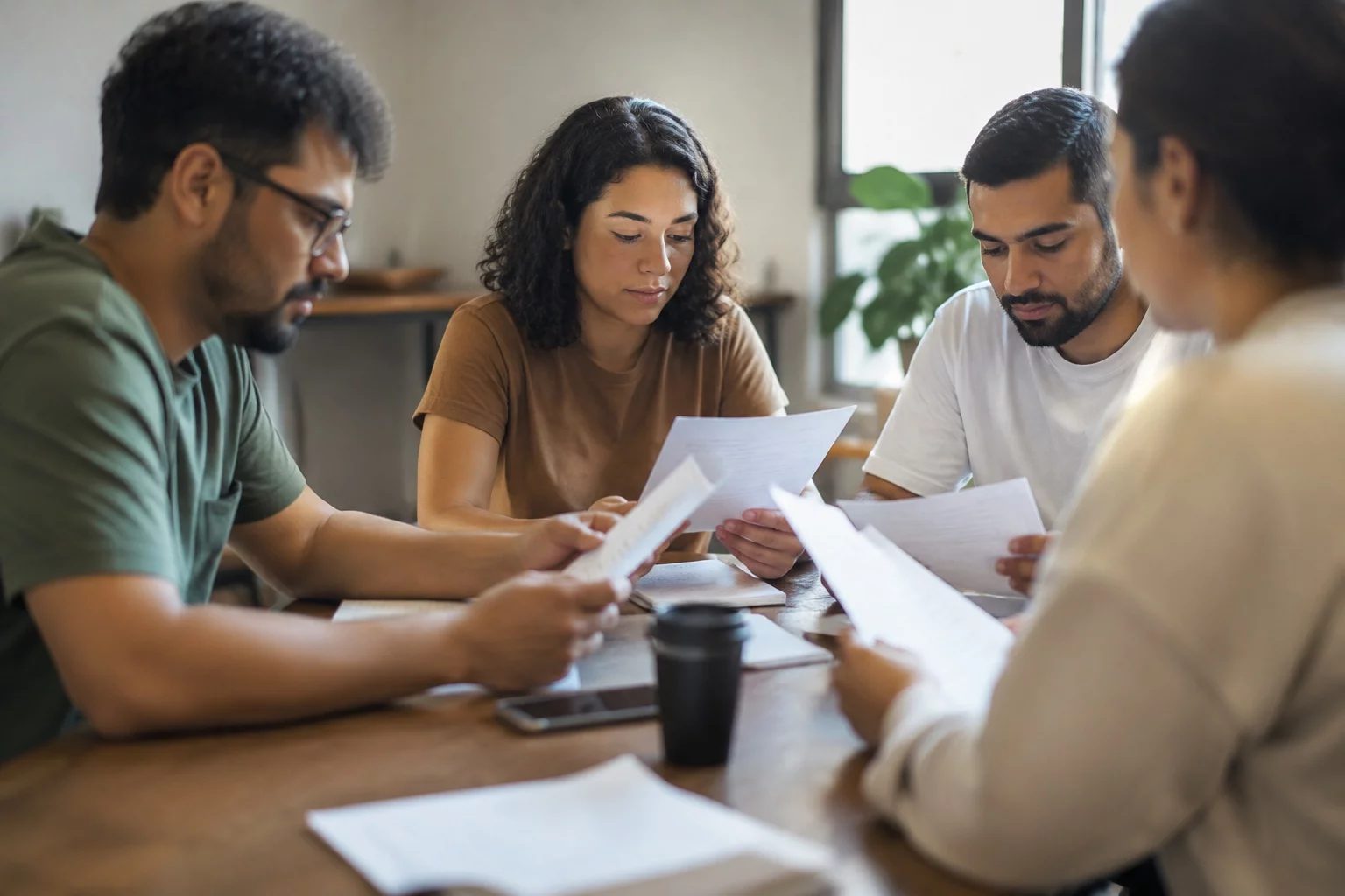 Grupo pequeno lendo páginas impressas de argumentos ao redor de uma mesa