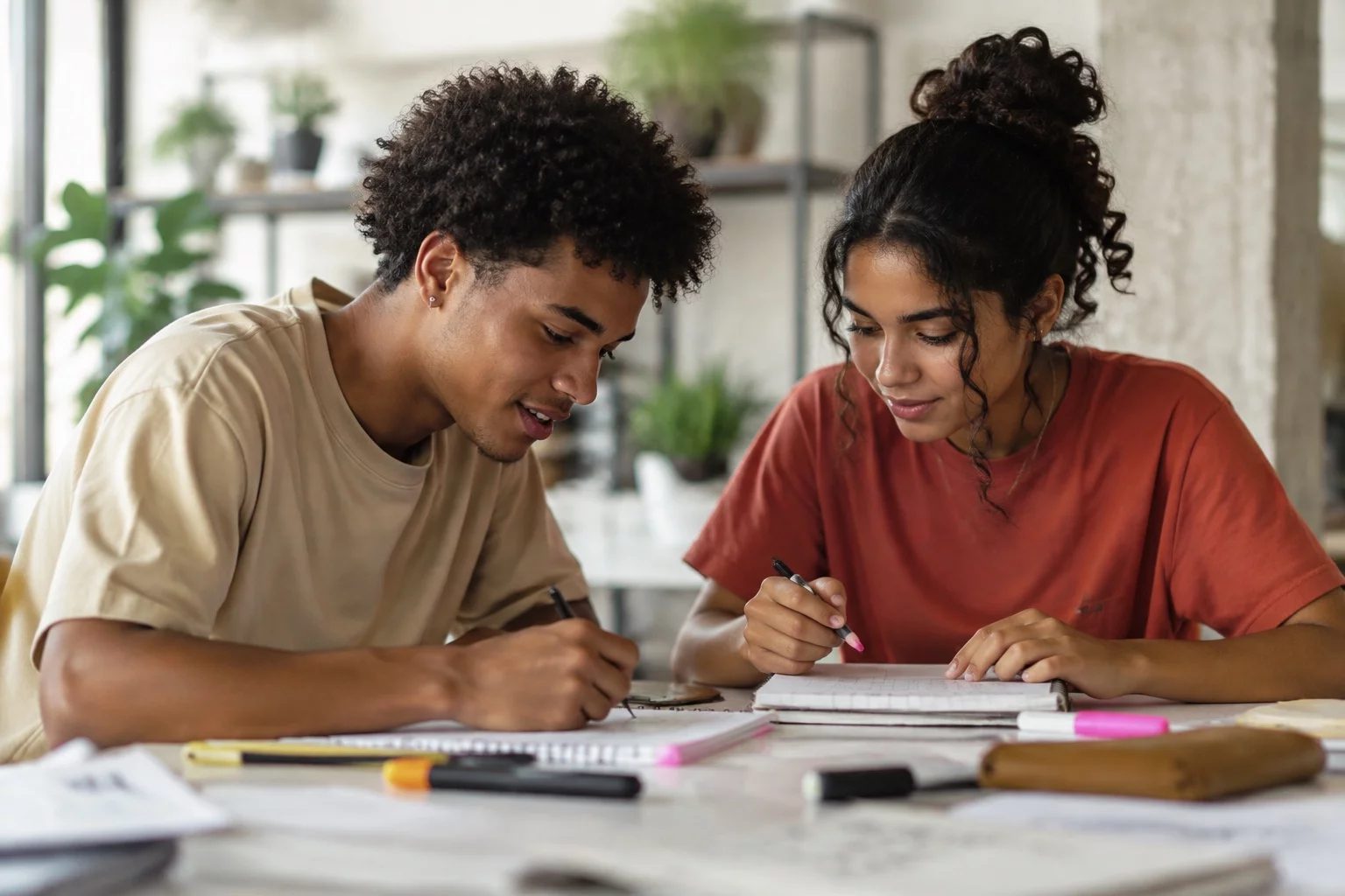 Dois estudantes preparando um debate com cadernos e marcadores