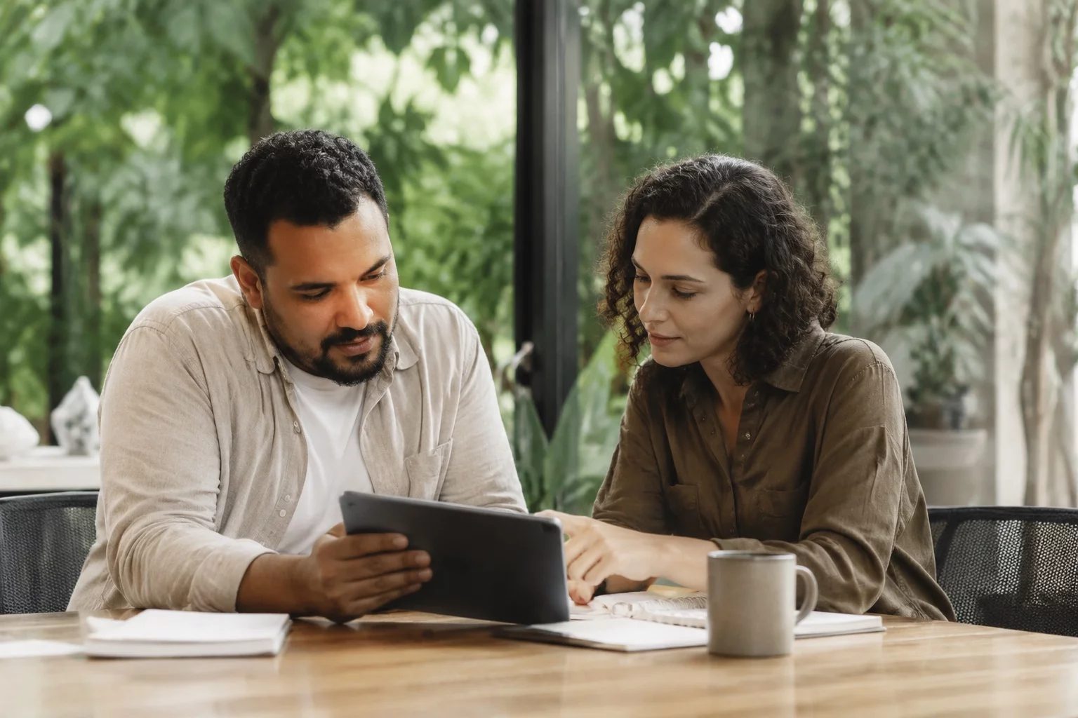 Duas pessoas revisando anotações em um tablet sobre uma mesa de madeira