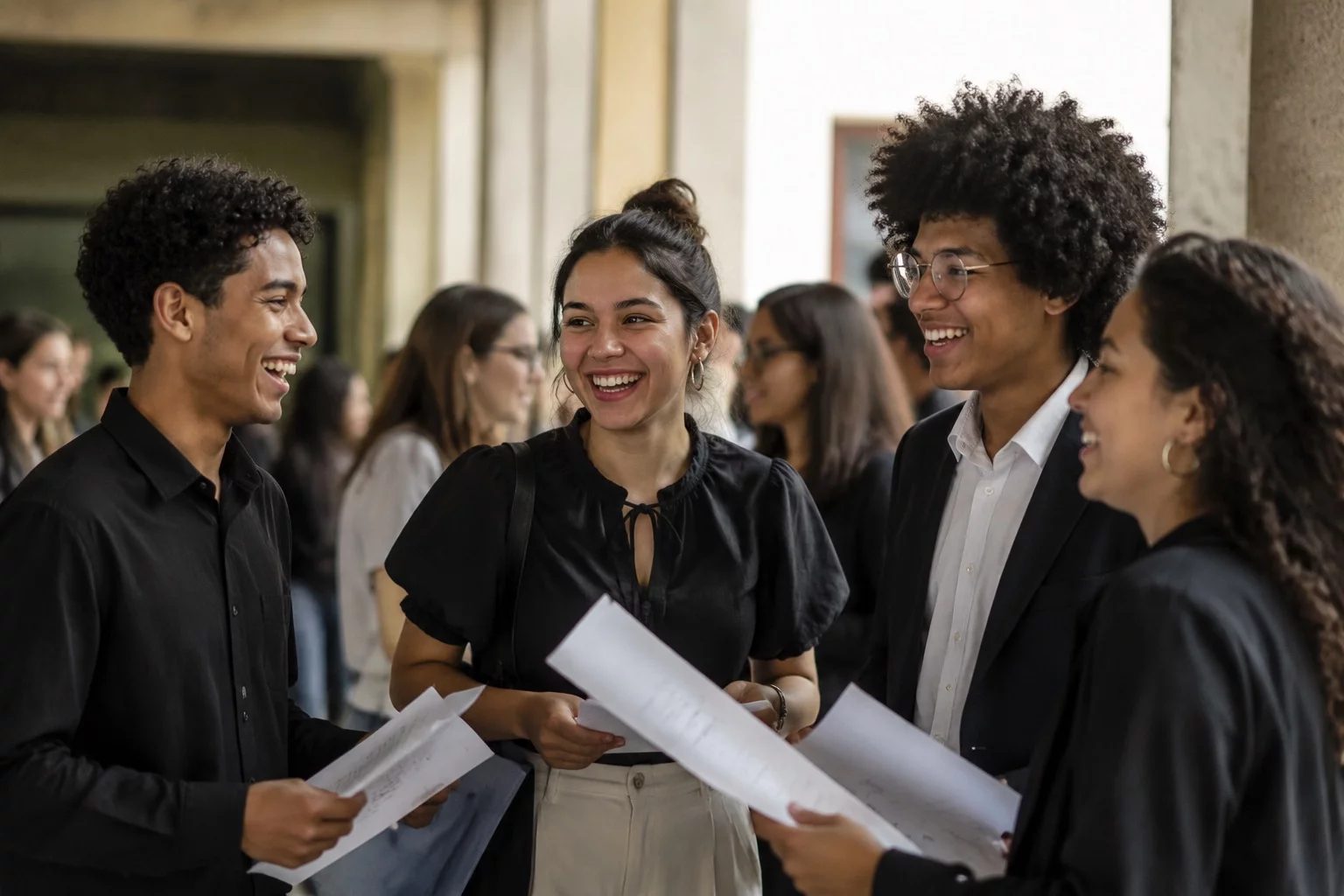 Grupo sorrindo após uma rodada de debate, com papéis nas mãos